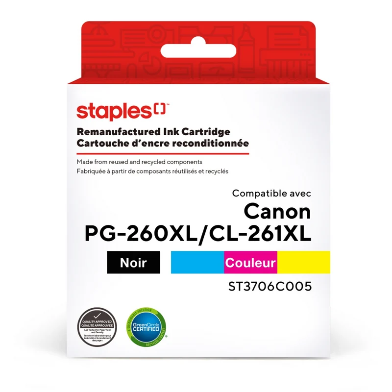 Staples Canon PG-260XL/CL-261XL Remanufactured Inkjet Cartridges - High Yield - Black & Color - 2 Pack