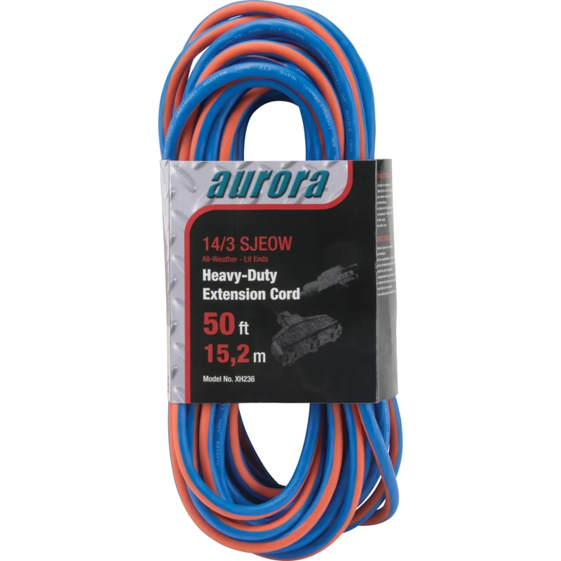 Aurora Tools TPE-Rubber Extension Cord with Light Indicator - All-Weather - 14/3 AWG - 3 Outlets - 50' Length