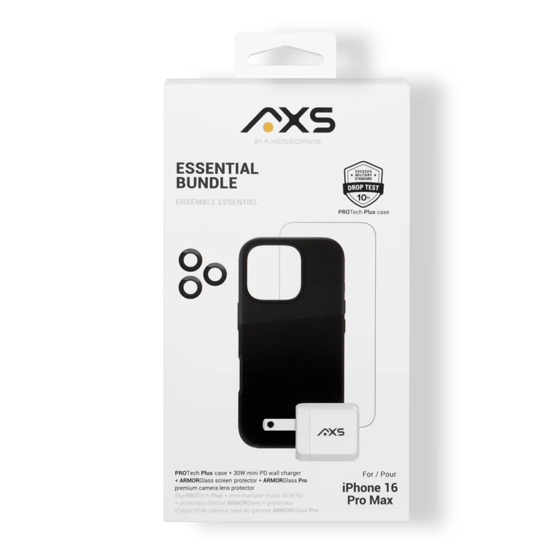 AXS Essential Bundle - PROTech Plus Case Screen Protectors and 20w Charger for iPhone 16 Pro Max - Black