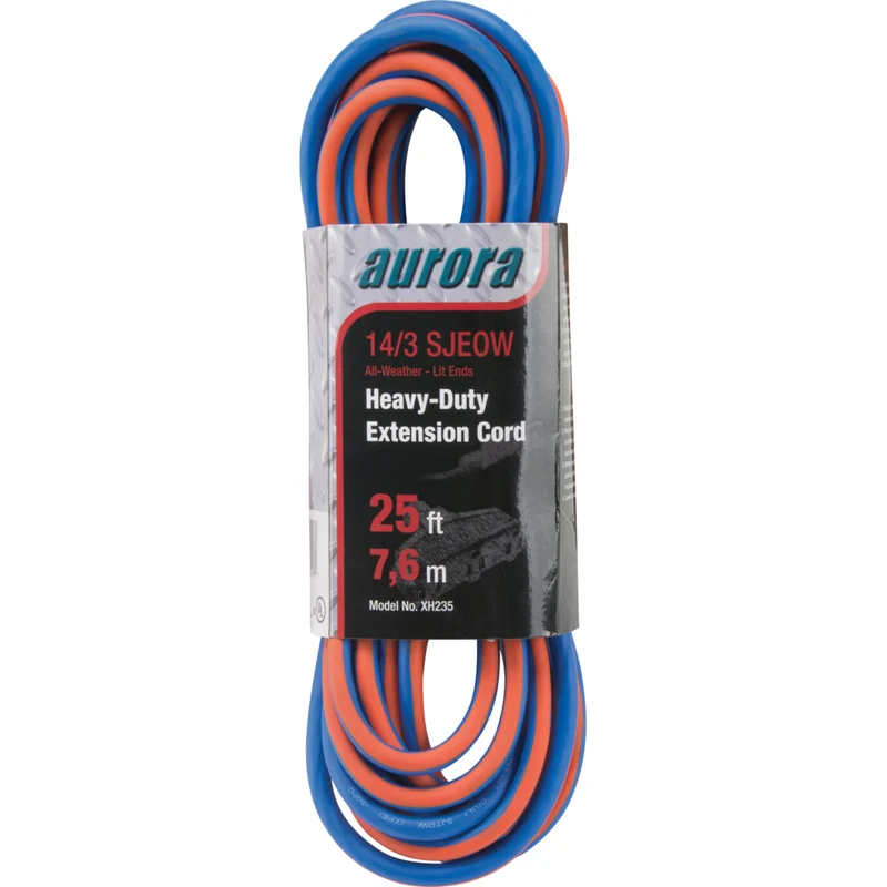 Aurora Tools TPE-Rubber Extension Cord with Light Indicator - All-Weather - 14/3 AWG - 3 Outlets - 25' Length - 2 Pack