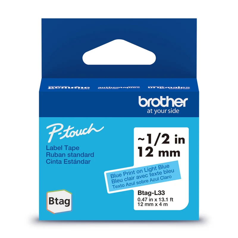 Brother - BTAGL33 Ruban non laminé bleu pâle avec texte bleu authentique pour étiqueteuse P-touch, 12 mm (L) x 4 m (l)