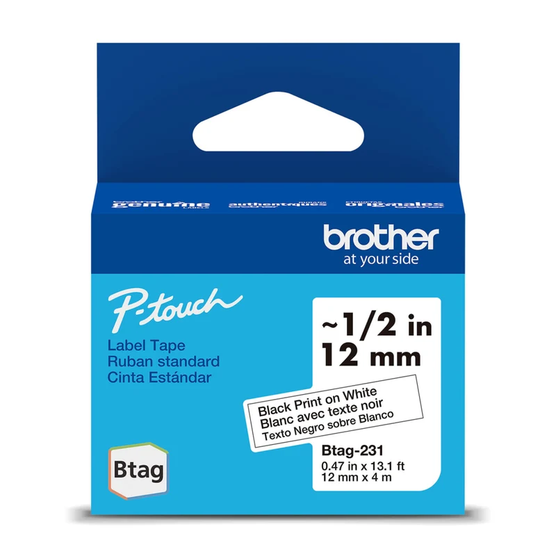 Brother Genuine BTAG231 Label Tape for P-touch Label Makers - Black on White - 12 mm W x 4 m L