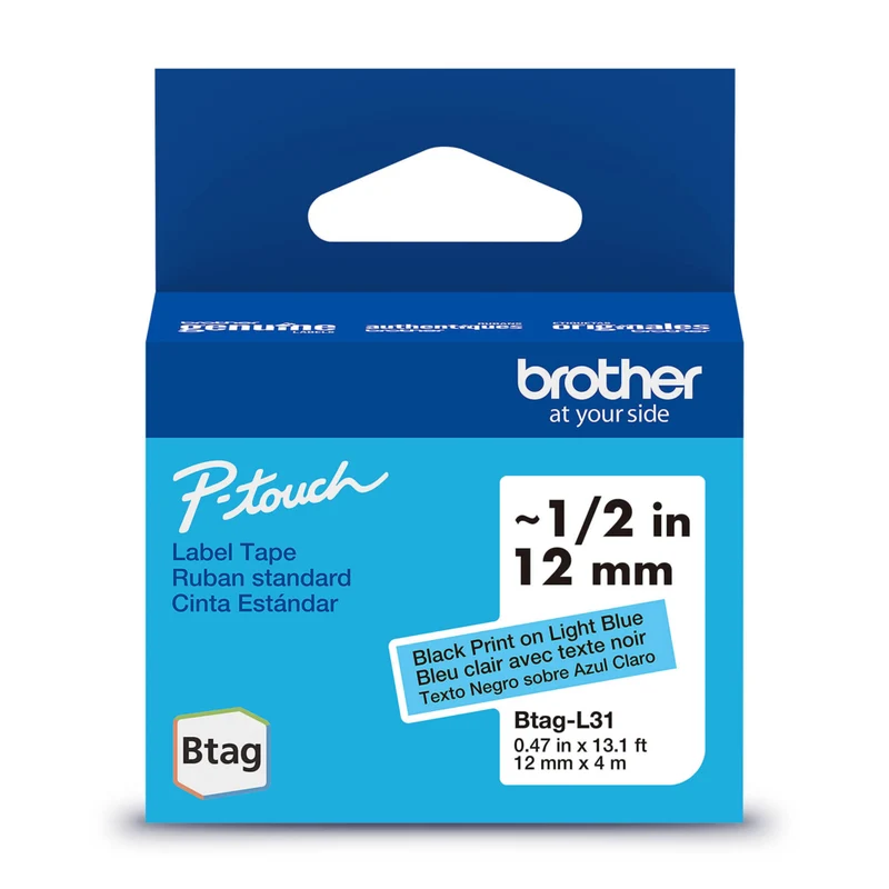 Brother Genuine BTAGL31 Label Tape for P-touch Label Makers - Black on Light Blue - 12 mm W x 4 m L
