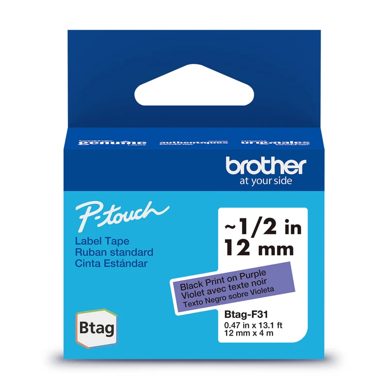 Brother Genuine BTAGF31 Label Tape for P-touch Label Makers - Black on Purple - 12 mm W x 4 m L