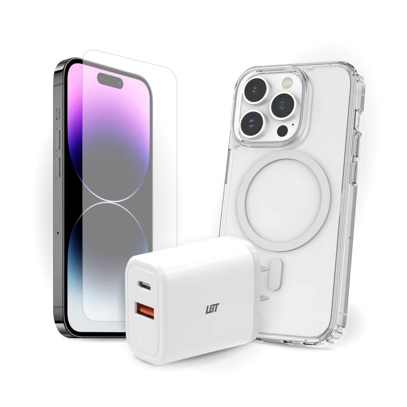 TUFF8 Clear Mag Case, Tempered Glass, 30W PD Charger Bundle - iPhone 15 Pro Max