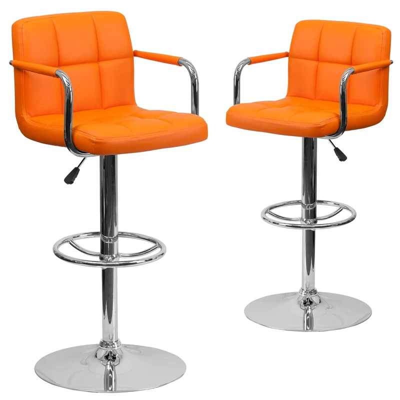 Flash Furniture Contemporary Quilted Vinyl Adjustable Height Barstools with Arms & Chrome Base - Orange - 2 Pack