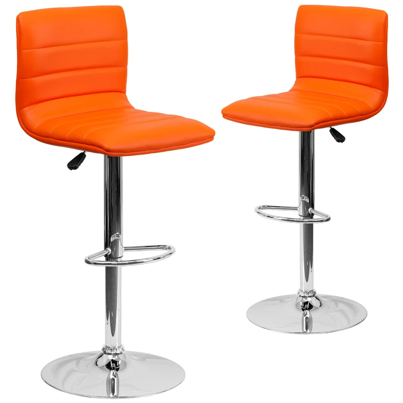 Flash Furniture Contemporary Orange Vinyl Adjustable Height Barstool with Horizontal Stitch Back & Chrome Base - 2 Pack