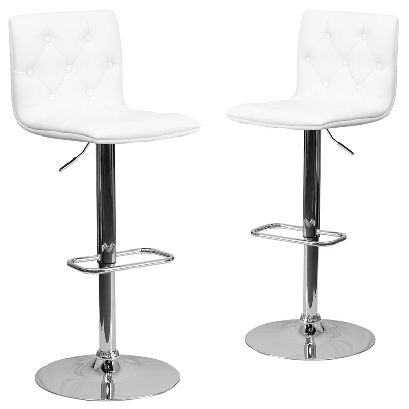 Flash Furniture 15 1/2" x 18" Vinyl Adjustable Height Bar Stool W/Chrome Base, White, 2 Pack