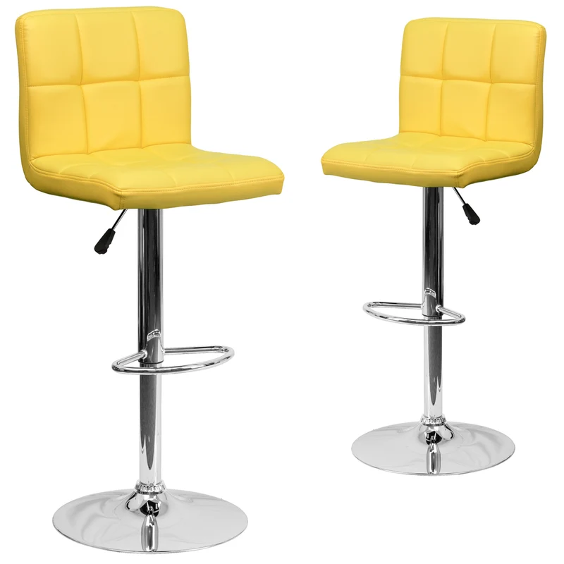 Flash Furniture 17 1/2" x 18" Quilted Vinyl Adjustable Height Bar Stool W/Chrome Base, Yellow, 2 Pack