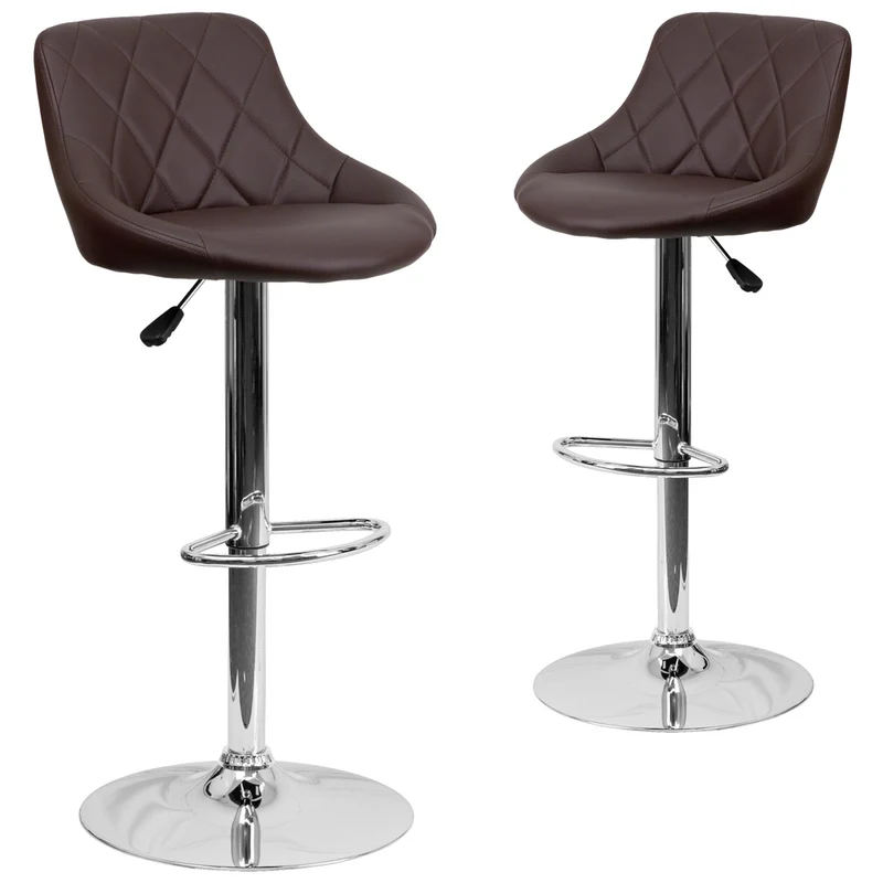 Flash Furniture Contemporary Brown Vinyl Bucket Seat Adjustable Height Barstool with Diamond Pattern Back & Chrome Base - 2 Pack
