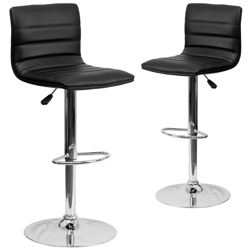 Flash Furniture Contemporary Black Vinyl Adjustable Height Barstool with Horizontal Stitch Back & Chrome Base - 2 Pack
