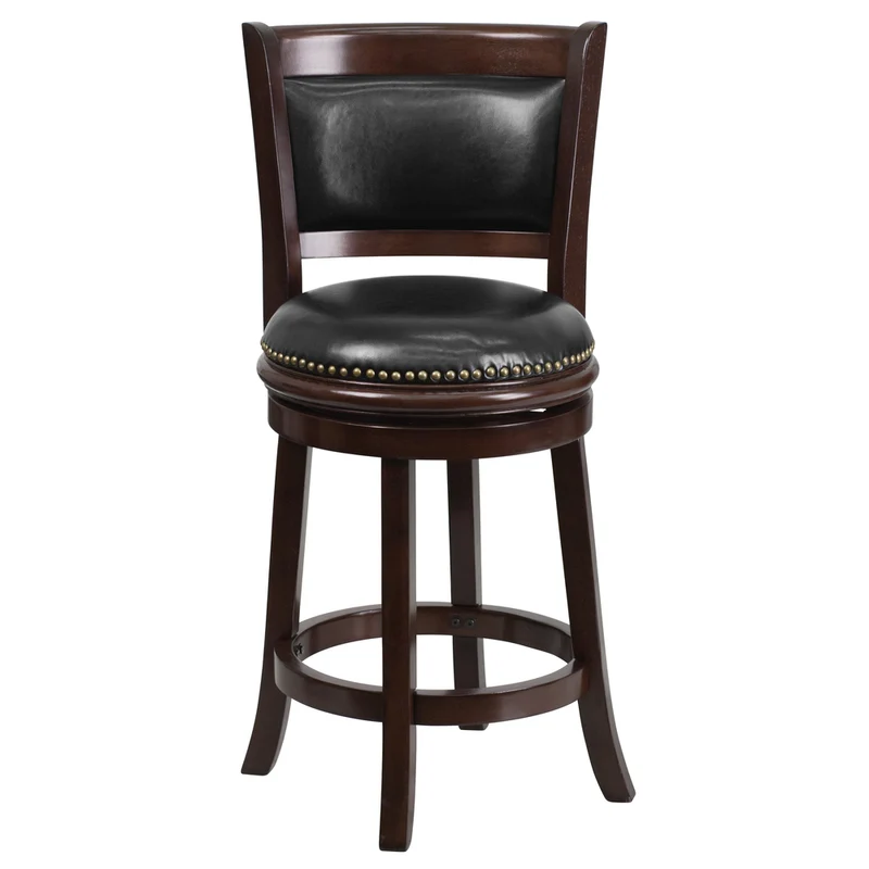 Flash Furniture 24" High Cappuccino Wood Counter Height Stool with Panel Back & Black LeatherSoft Swivel Seat