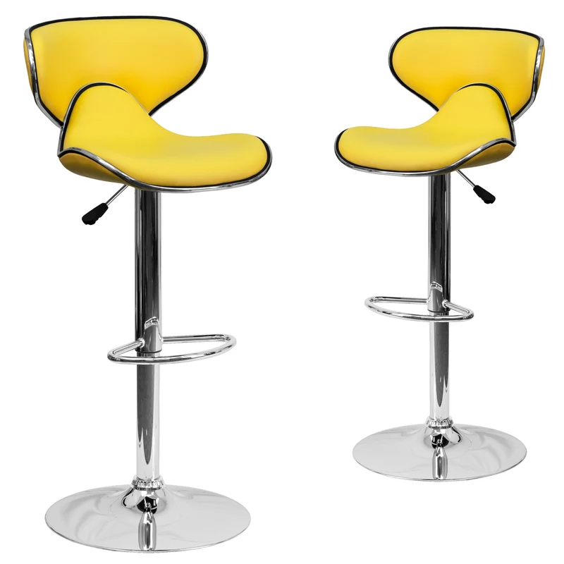 Flash Furniture 17 1/2" x 17 1/2" Cozy Mid-Back Vinyl Adjustable Bar Stool W/Chrome Base, Yellow, 2 Pack