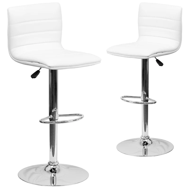 Flash Furniture Contemporary Vinyl Adjustable Height Barstool with Horizontal Stitch Back & Chrome Base - White - 2 Pack