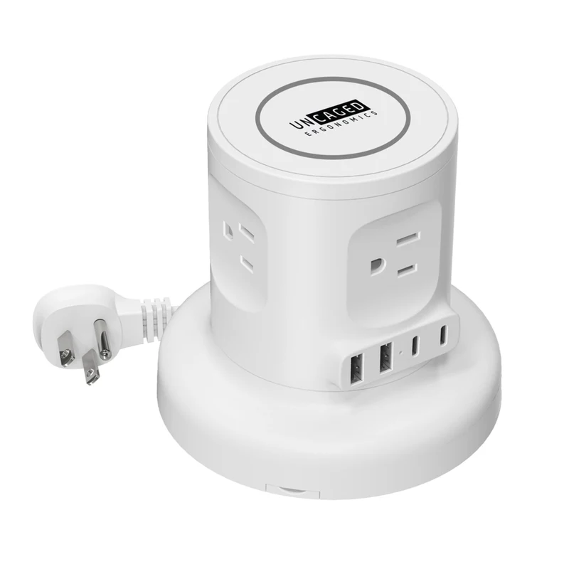 Uncaged Ergonomics - Multiprise rétractable sans fil avec gestion automatique des câbles et chargeur sans fil - Blanche
