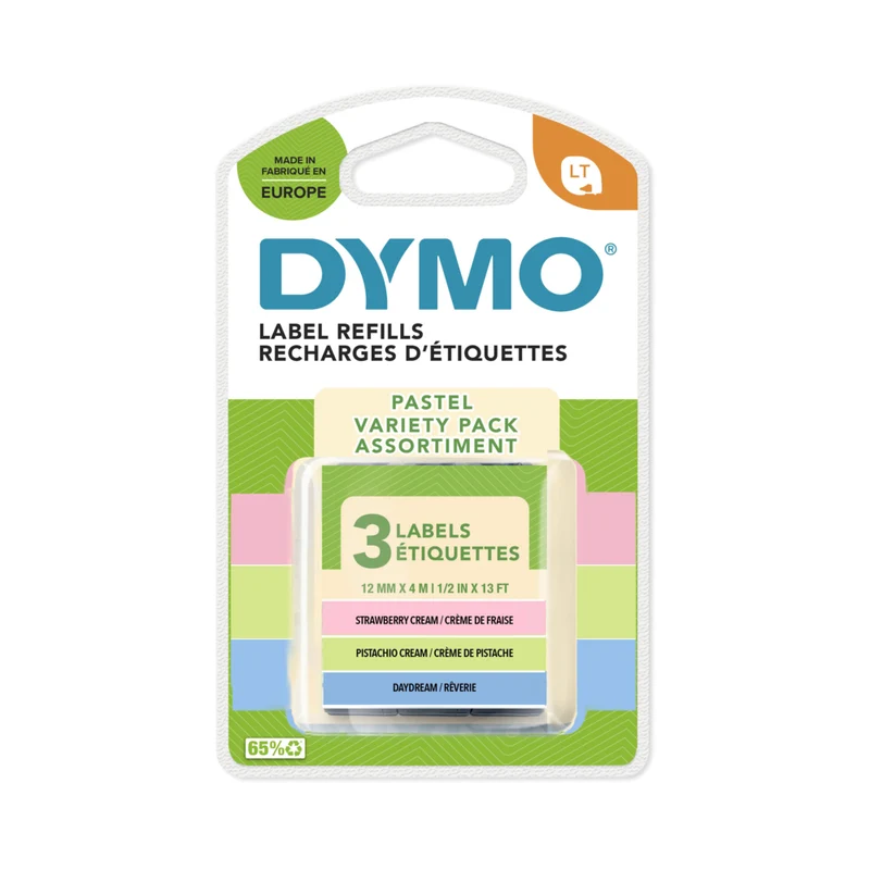 DYMO - Emballage de départ d’étiquettes pastel LetraTag, 12 mm x 4 m, vert pastel, bleu et crème à la fraise, paquet de 3
