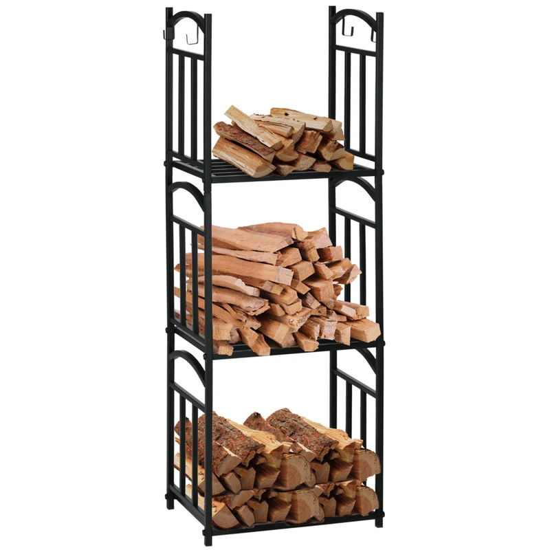Outsunny 3-Tier Firewood Rack - Metal Wood Storage Holder with Tool Hooks