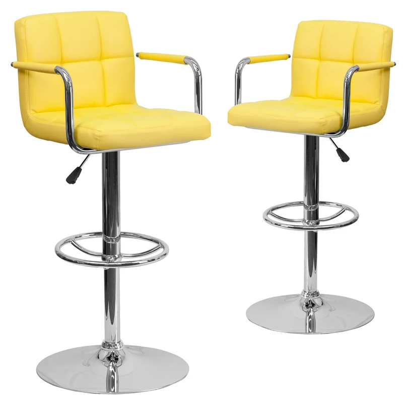 Flash Furniture Contemporary Quilted Vinyl Adjustable Height Barstools with Arms & Chrome Base - Yellow - 2 Pack
