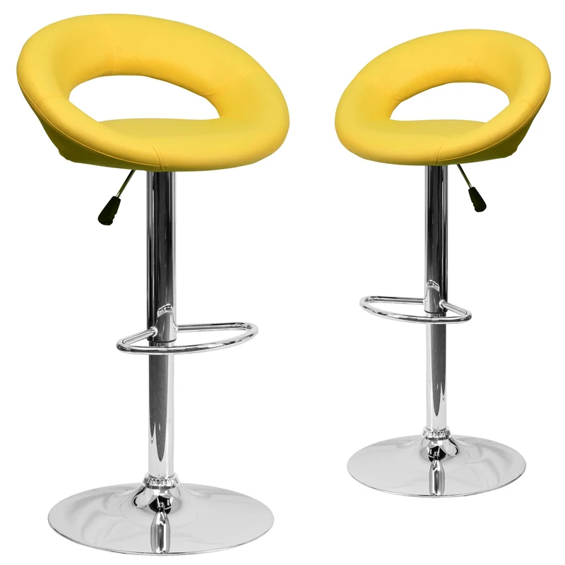 Flash Furniture 21 1/2" x 21 1/2" Vinyl Round Back Adjustable Bar Stool W/Chrome Base, Yellow, 2 Pack