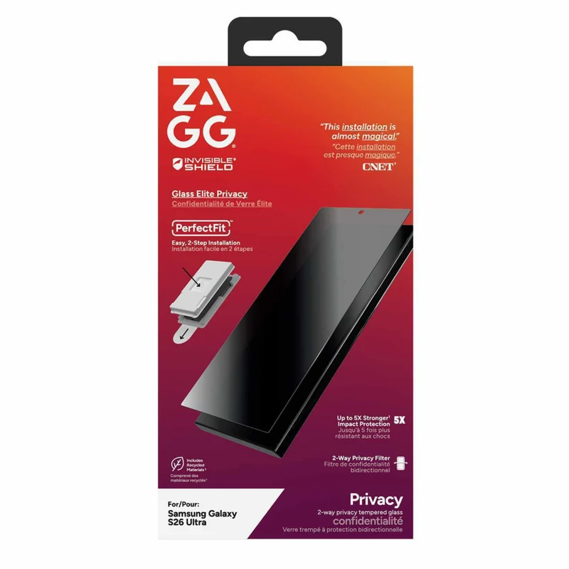 ZAGG InvisibleShield Glass Elite 2-Way Privacy Screen Protector for Galaxy S26 Ultra