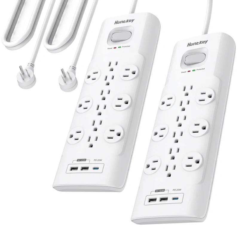 Huntkey 6' Flat Plug Surge Protector Power Strip with 12 Outlets and 3 USB Ports - White - 2 Pack