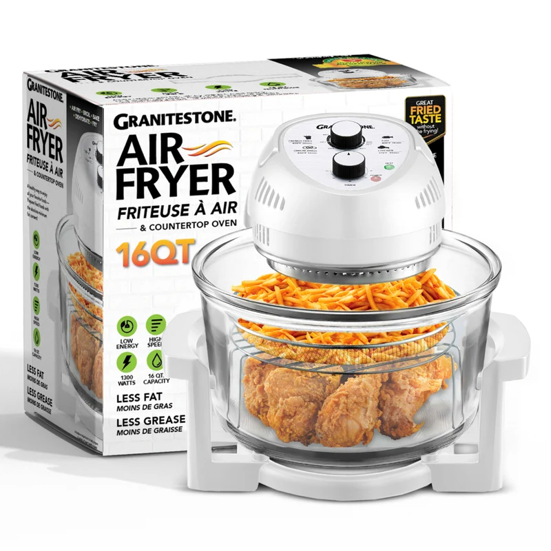 Granitestone Big Boss 16 qt Extra Large Glass Air Fryer with 3 Cooking Sections and Stainless Steel Racks - White