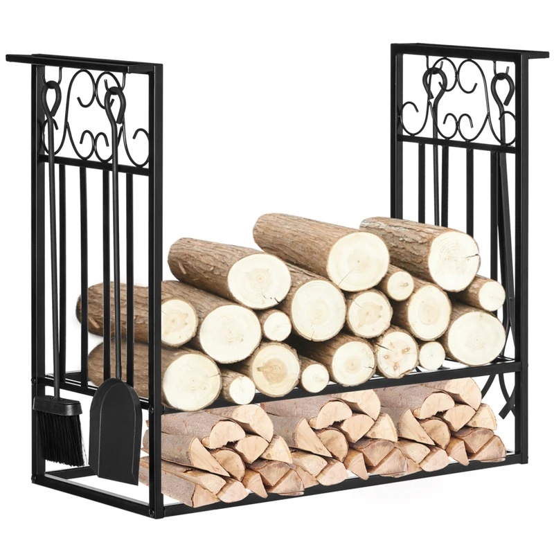 HOMCOM Heavy Duty Firewood Wood Log Rack Vintage Design Firewood Storage Shelf with 4 Tools - Black
