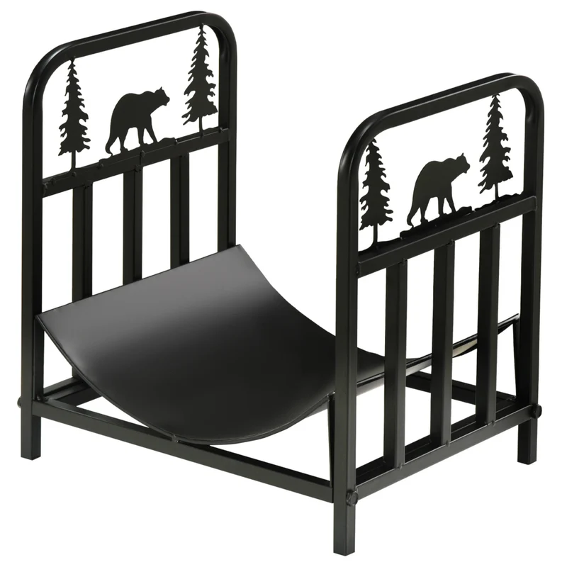 Outsunny Firewood Rack with Bear and Pine Tree Design - Log Holder - Black