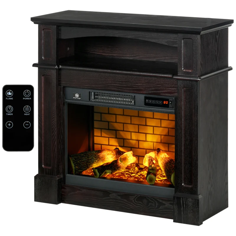 HOMCOM Electric Fireplace Heater with Mantel and Remote Control - Brown