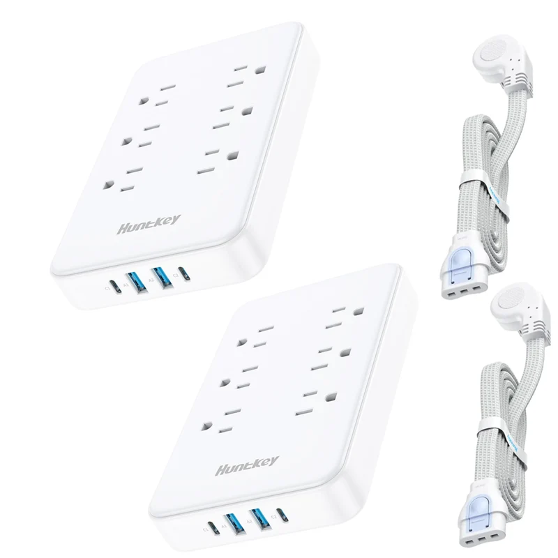 Huntkey - Parasurtenseur avec cordon détachable, 6 prises et 4 ports USB (2 USB-C, 2 USB-A) - blanc, paquet de 2