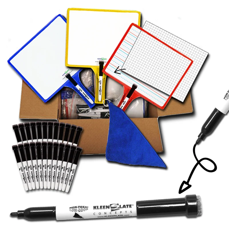KleenSlate Customizable Handheld Whiteboards with Clear Dry Erase Sleeves & Markers - 24 Pack