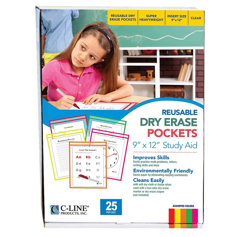 C-Line Reusable Dry Erase Pockets - 9 x 12 - Neon Colours - 25 Pack