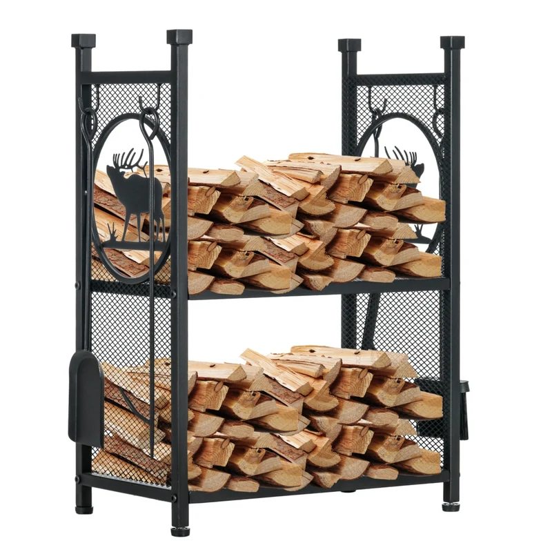 Outsunny 2-Tier Firewood Rack with 4 Tools and Hooks - Log Holder - Black