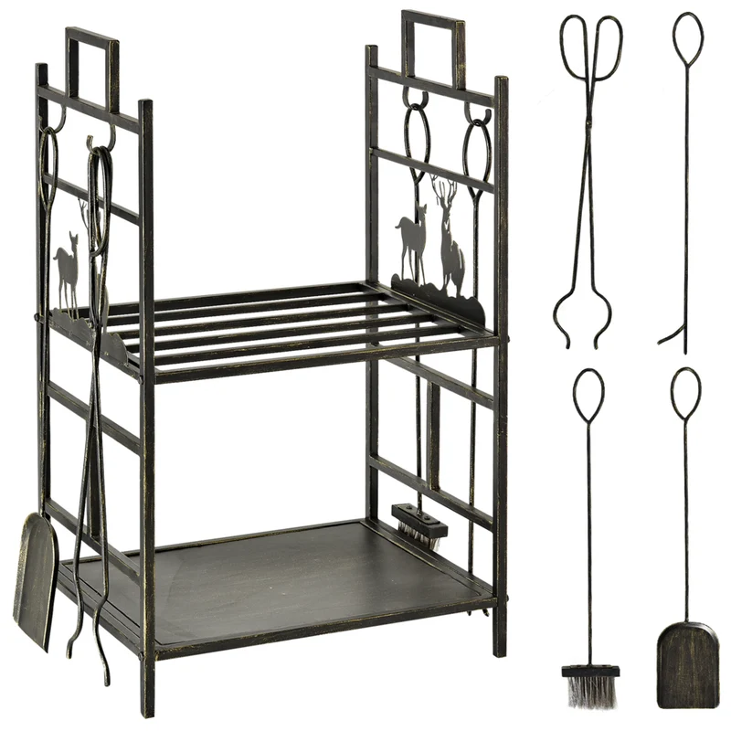 Outsunny 2-Layer Heavy Duty Firewood Rack Wood Log Fireplace Stacker with 4 Tools - Black and Gold