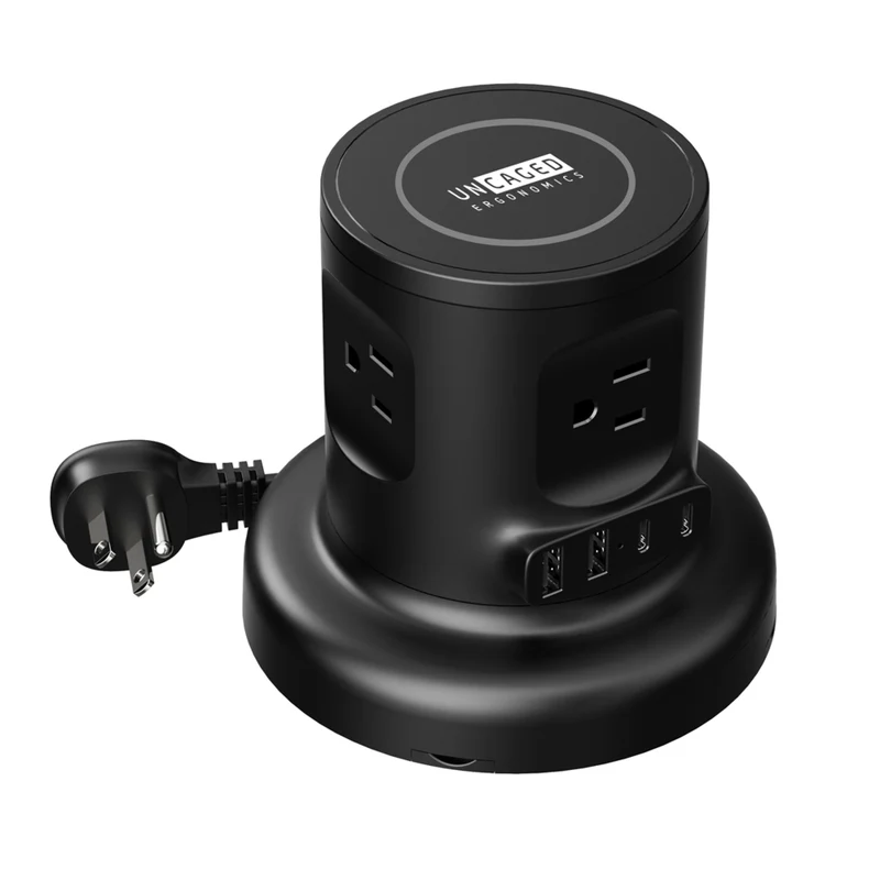 Uncaged Ergonomics - Multiprise rétractable sans fil avec gestion automatique des câbles et chargeur sans fil - Noir