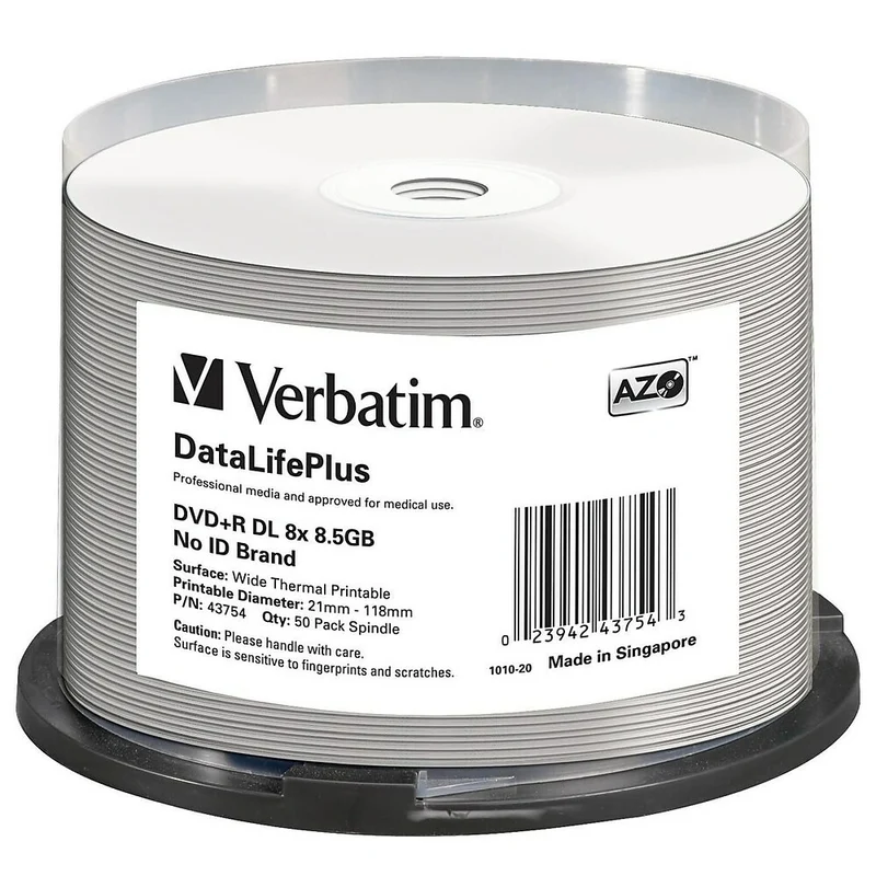Verbatim Datalifeplus 43754 DVD Recordable Media Spindle, DVD+R Dl, 8X, 8.50GB, 50 Pack
