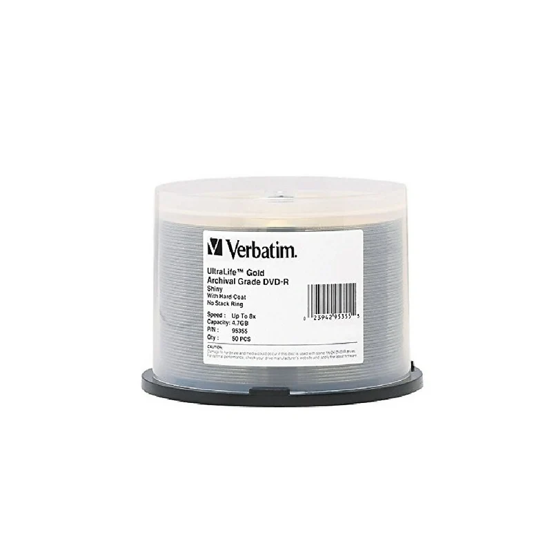 Verbatim – Disques vierges 16x DVD-R, capacité de 4,7 Go, surface étiquetée et revêtement dur, cylindre, 50/paquet (95355)