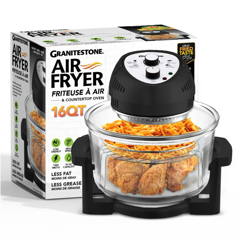 Granitestone Big Boss 16 qt Extra Large Glass Air Fryer with 3 Cooking Sections and Stainless Steel Racks - Black