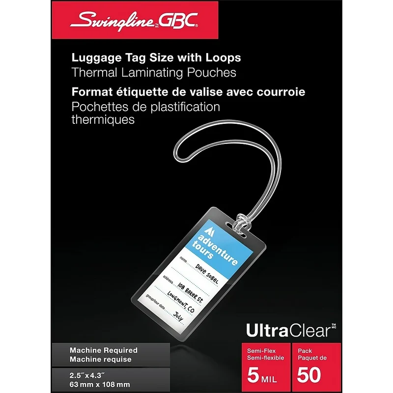 Swingline GBC UltraClear 5mm Laminating Pouches - Luggage Tag w/ Loops - Clear - 50 Pack