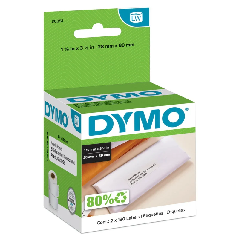 DYMO LabelWriter Self-Adhesive White Mailing Address Labels, 1-1/8" x 3-1/2" - 2 Rolls of 130 (260 Total)