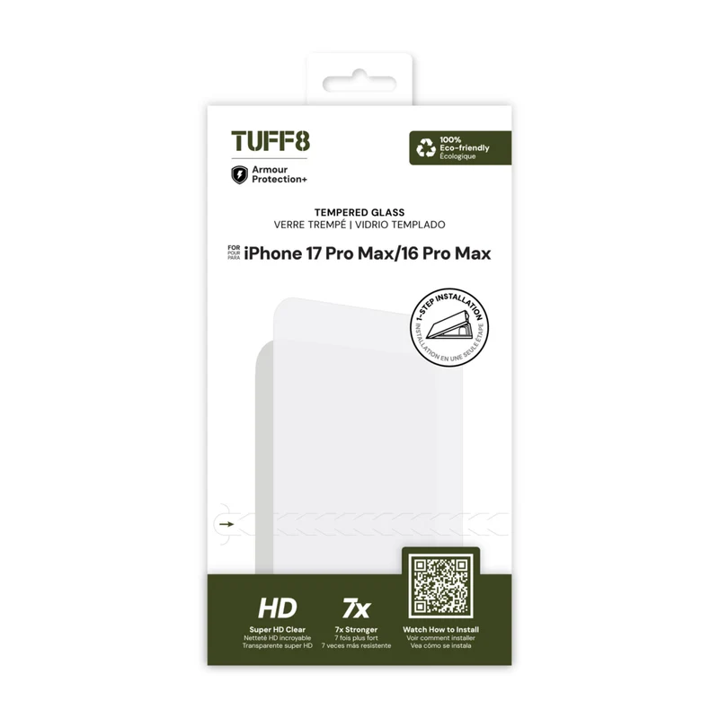 TUFF8 - Protection d'écran en verre trempé avec installation automatique pour iPhone 17 Pro Max