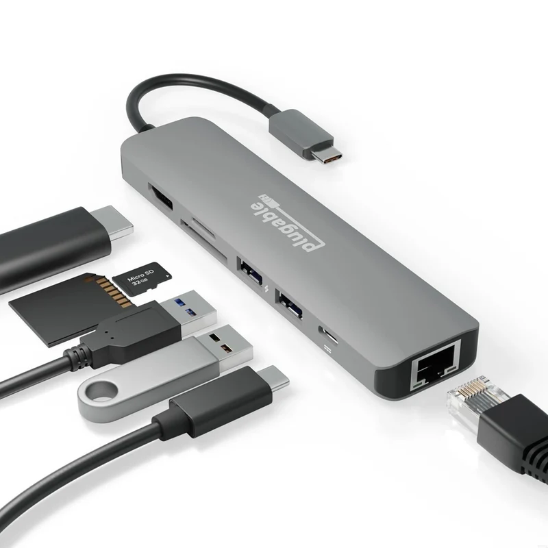 Plugable - Adaptateur hub USB-C 7 en 1 enfichable avec Ethernet