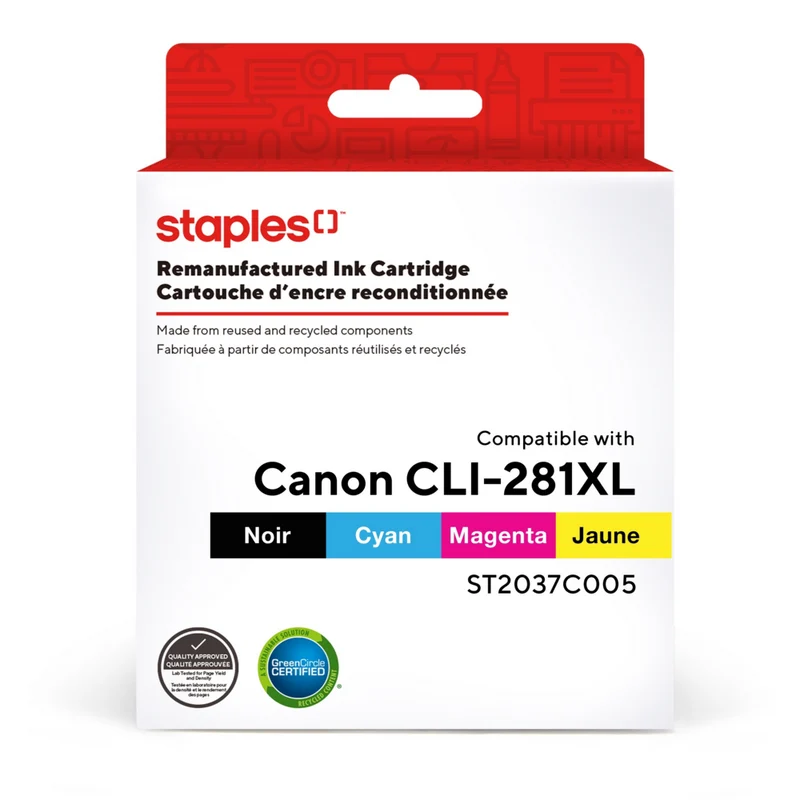 Staples - Cartouche d’encre Canon CLI-281XL remise à neuf - rendement élevé - noir/cyan/magenta/jaune - Paquet de 4p