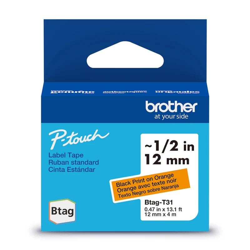 Brother Genuine BTAGT31 Label Tape for P-touch Label Makers - Black on Orange - 12 mm W x 4 m L