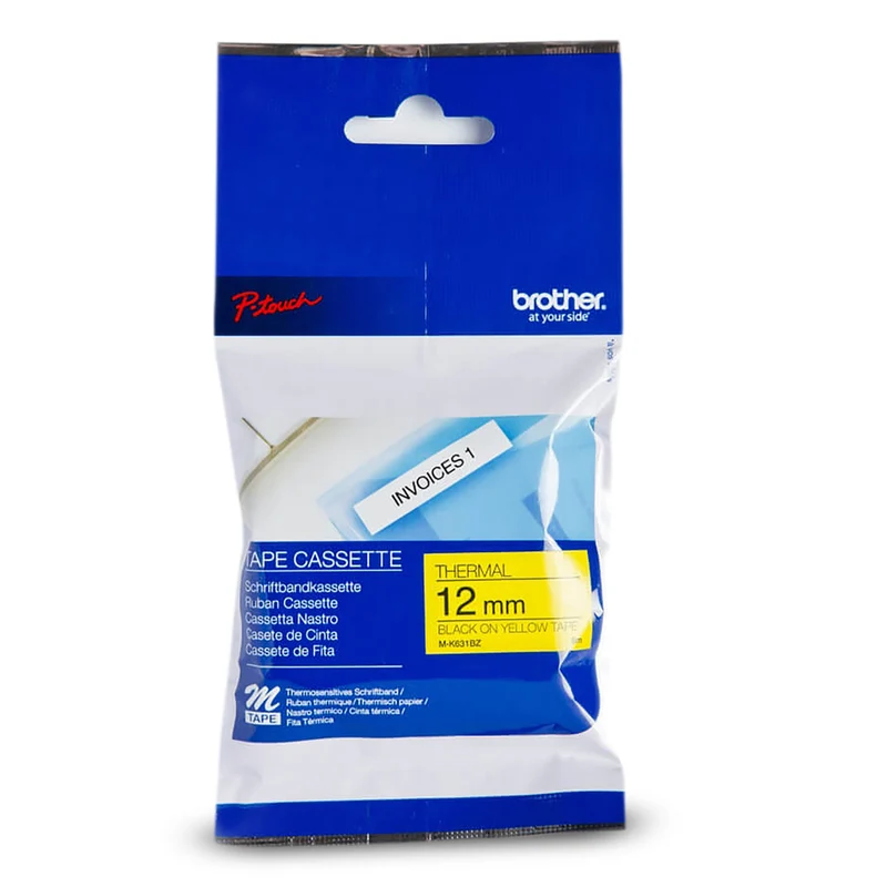 Brother Genuine MK631 Non-Laminated Tape for P-touch Label Makers - 12 mm wide x 8 m long - Black on Yellow