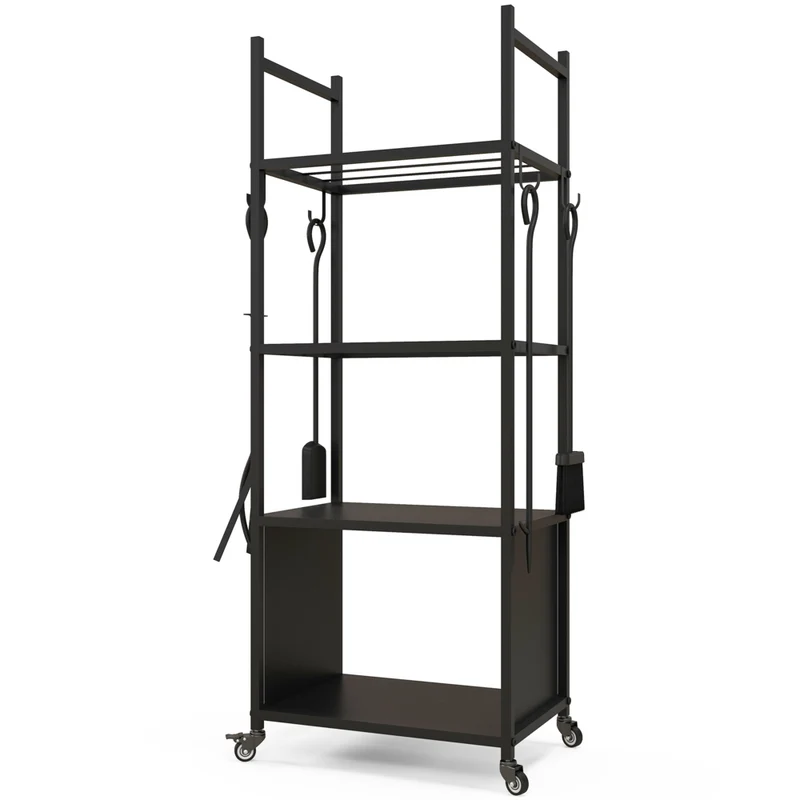 Outsunny - Porte-bûches à 4 niveaux avec 4 outils- support à bois sur roulettes