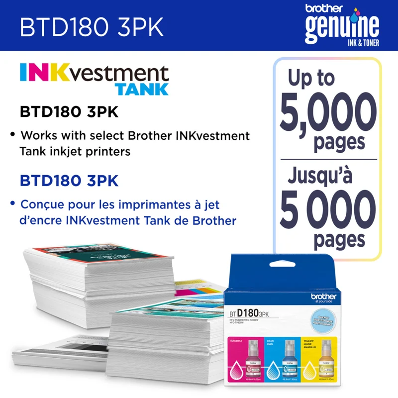 Brother Genuine BTD180 3-Piece Ink Cartridge Set - High Yield - Cyan - Magenta - Yellow