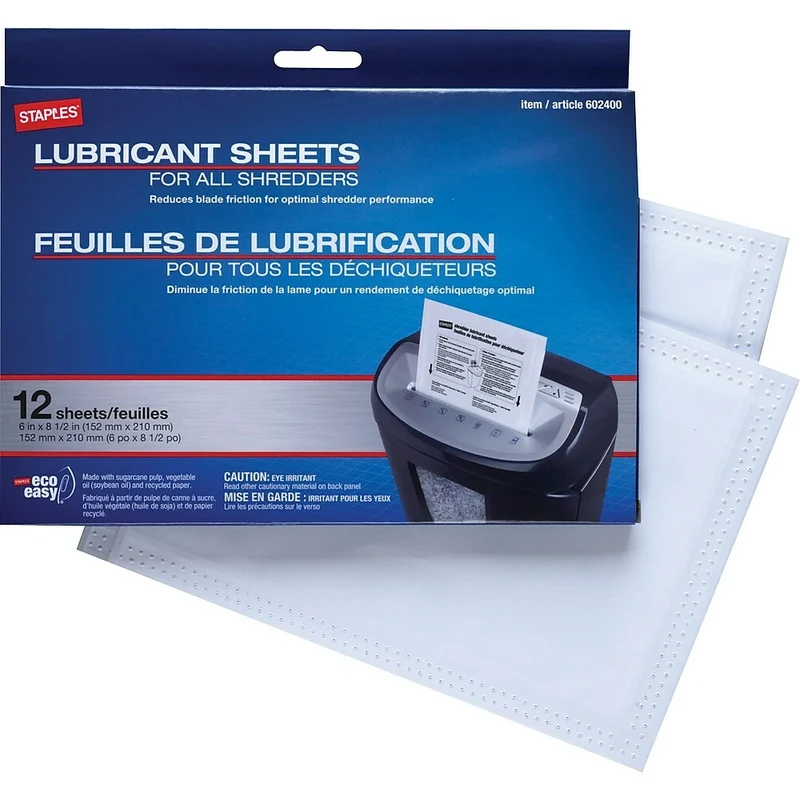 Staples Shredder Lubricant Sheets, 12-Pack