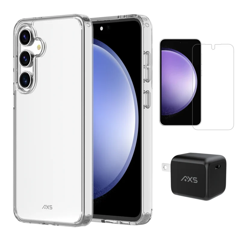 AXS - Ensemble de départ - étui ULTRA CLEAR transparent testé contre les chutes, protecteur d’écran et chargeur 30W pour Samsung Galaxy S24 FE - Clear