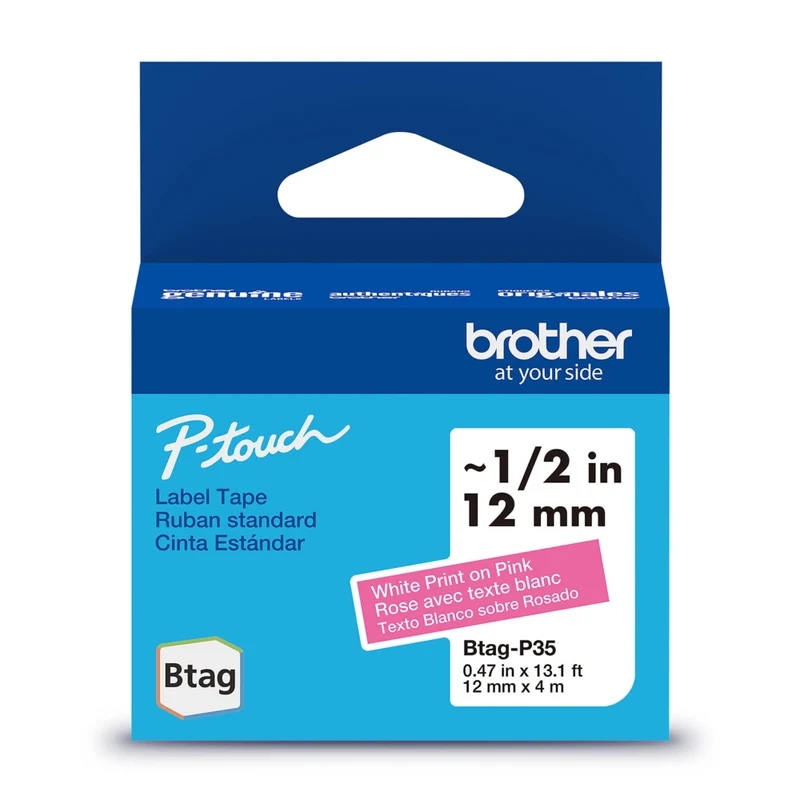 Brother Genuine BTAGP35 Label Tape for P-touch Label Makers - White on Pink - 12 mm W x 4 m L